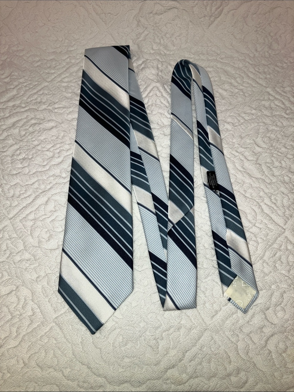 Vintage Christian Dior Monsieur retro polyester tie, diagonal stripes white/blue